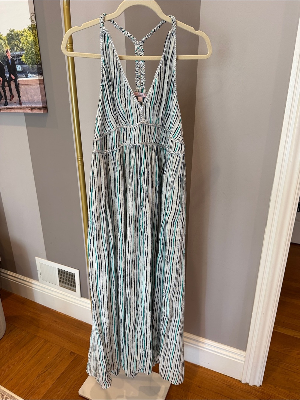 Calypso St. Barth Striped Maxi Dress in Teal and White